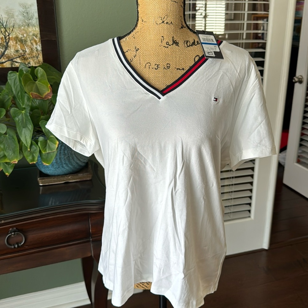 Tommy Hilfiger White V-Neck Tee with Navy & Red Trim